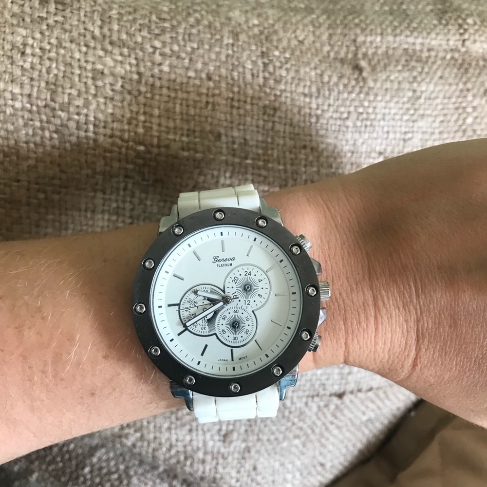 Geneva platinum watch with white rubber band